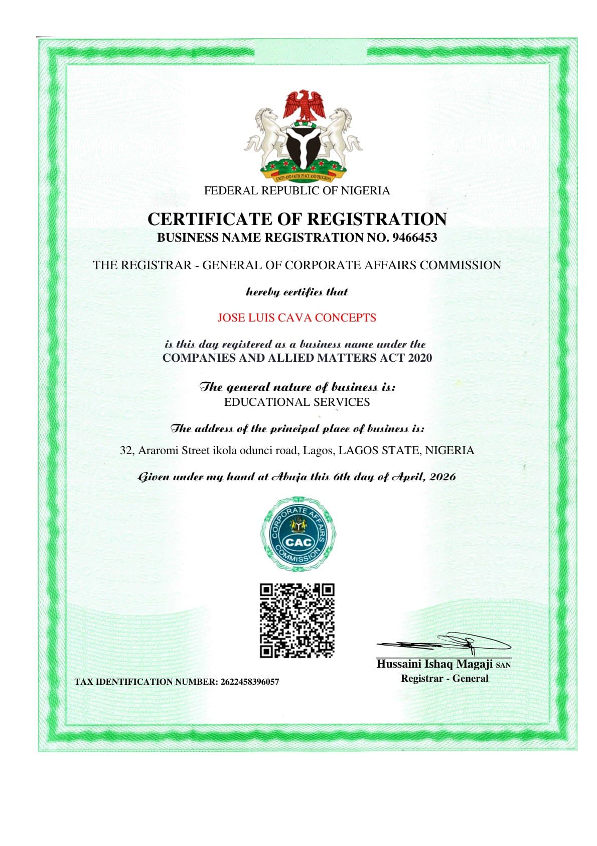 Jose Luis Cava Concepts certificate of incorporation